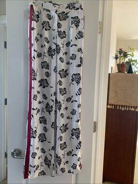 House of Harlow 1960 Revolve Ivory Floral Wide-Leg Pants with Red Side Stripe